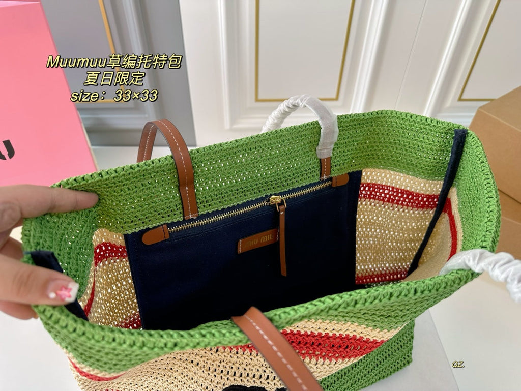 MIU MIU TOTE 33 BAG IN MULTICOLOR WOVEN STRAW