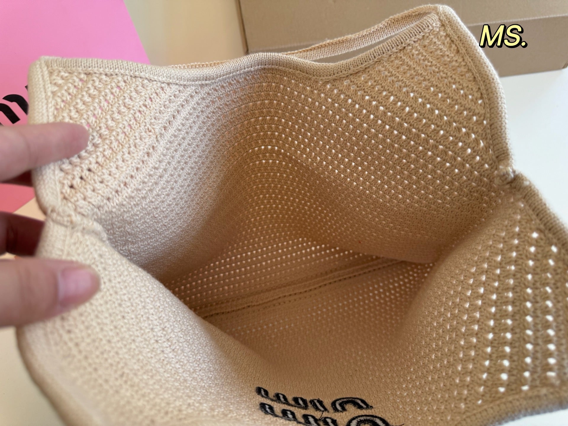 MIU MIU HOLLOW KNITTED TOTE BAG 35 IN OFF WHITE MIX BLACK WOVEN FABRIC