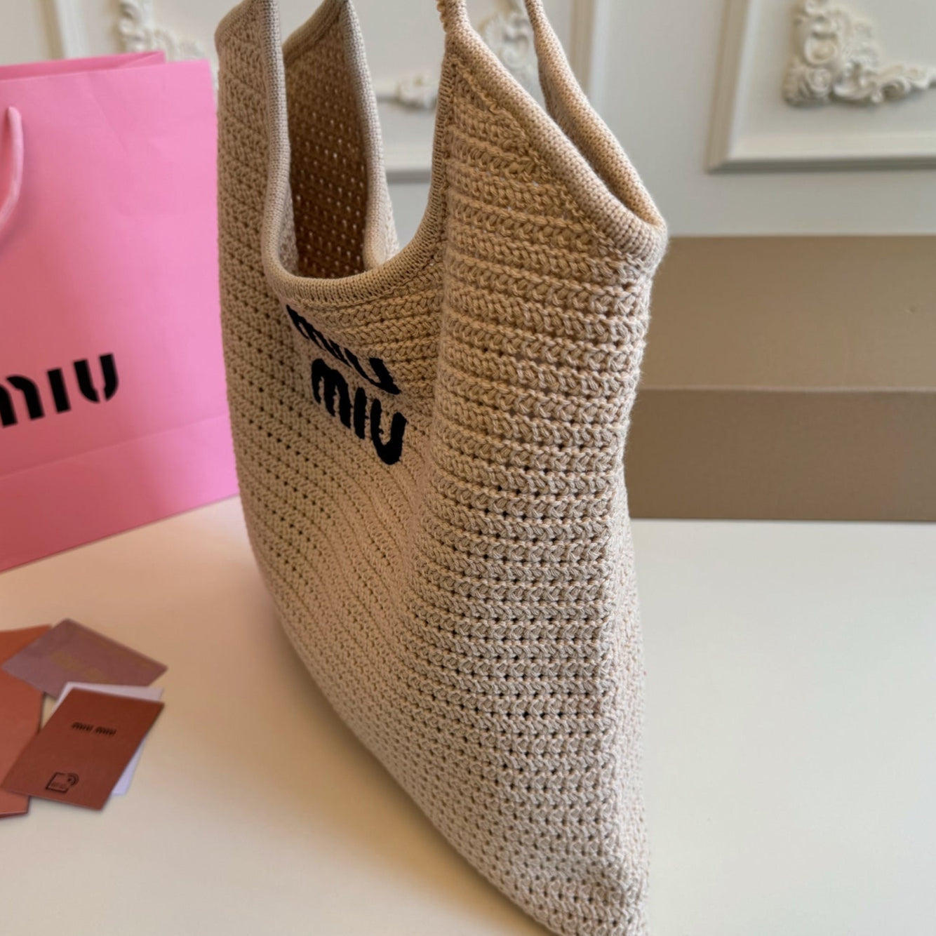 MIU MIU HOLLOW KNITTED TOTE BAG 35 IN OFF WHITE MIX BLACK WOVEN FABRIC