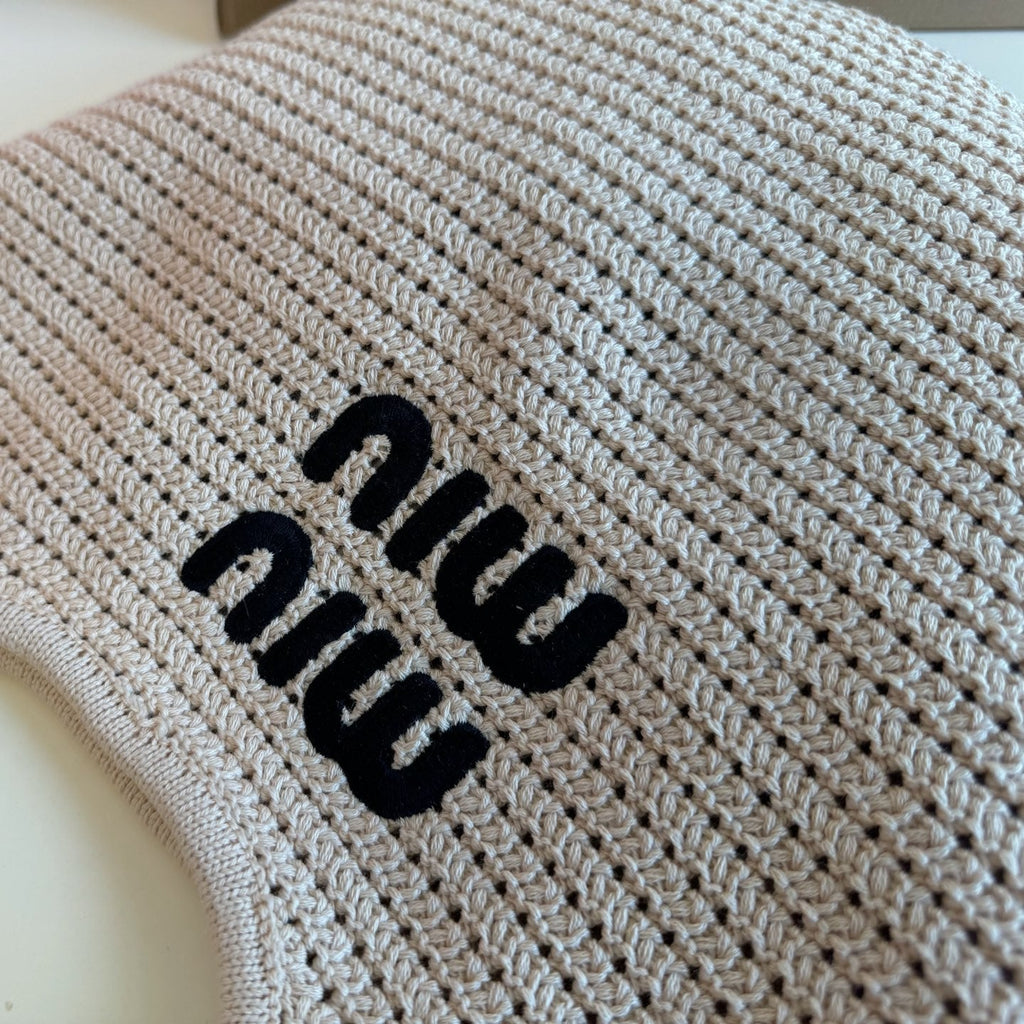 MIU MIU HOLLOW KNITTED TOTE BAG 35 IN OFF WHITE MIX BLACK WOVEN FABRIC