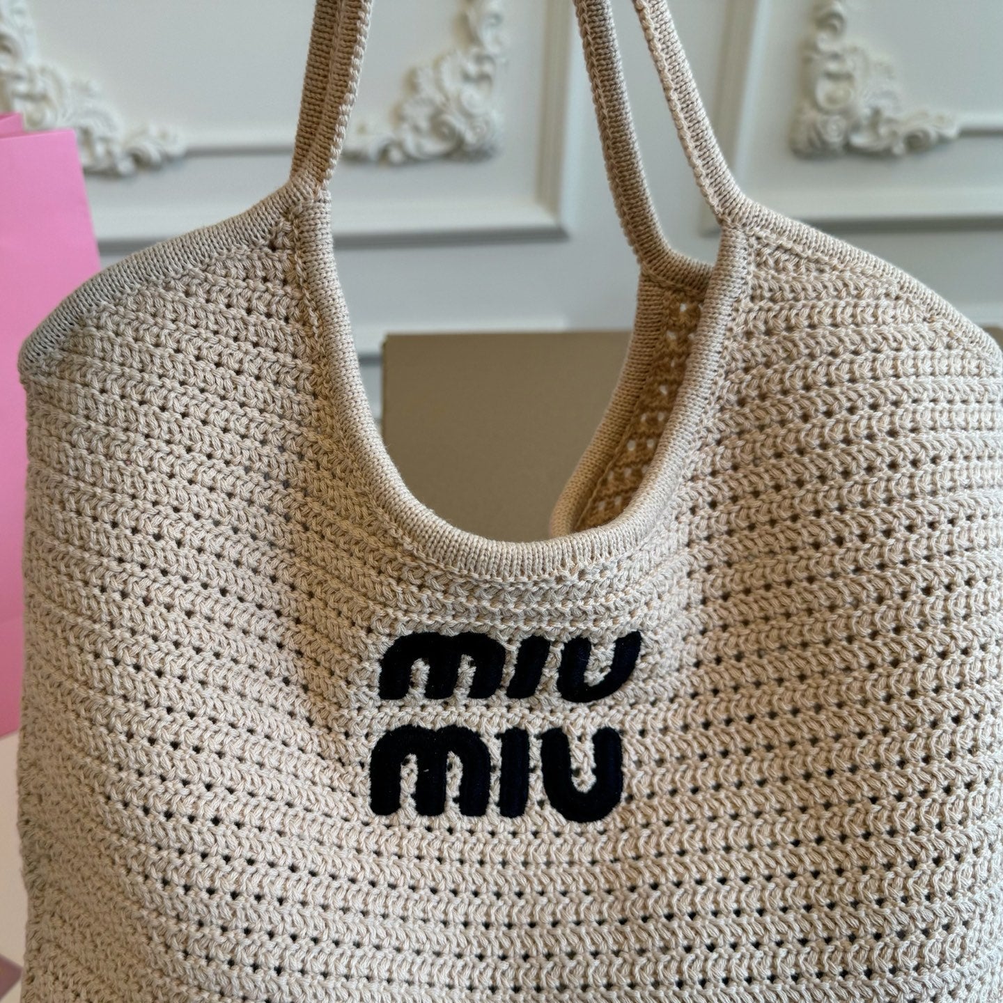 MIU MIU HOLLOW KNITTED TOTE BAG 35 IN OFF WHITE MIX BLACK WOVEN FABRIC