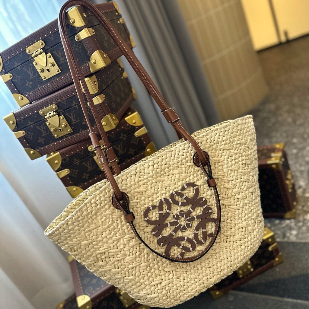 LOEWE LOE SMALL ANAGRAM BASKET 28 BAG IN NATURAL MIX BROWN IRACA PALM AND CALFSKIN