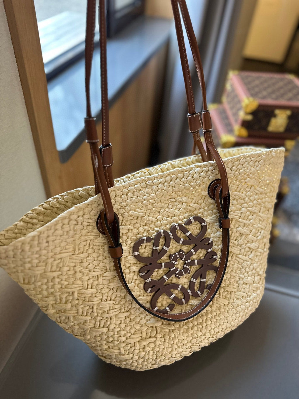 LOEWE LOE SMALL ANAGRAM BASKET 28 BAG IN NATURAL MIX BROWN IRACA PALM AND CALFSKIN