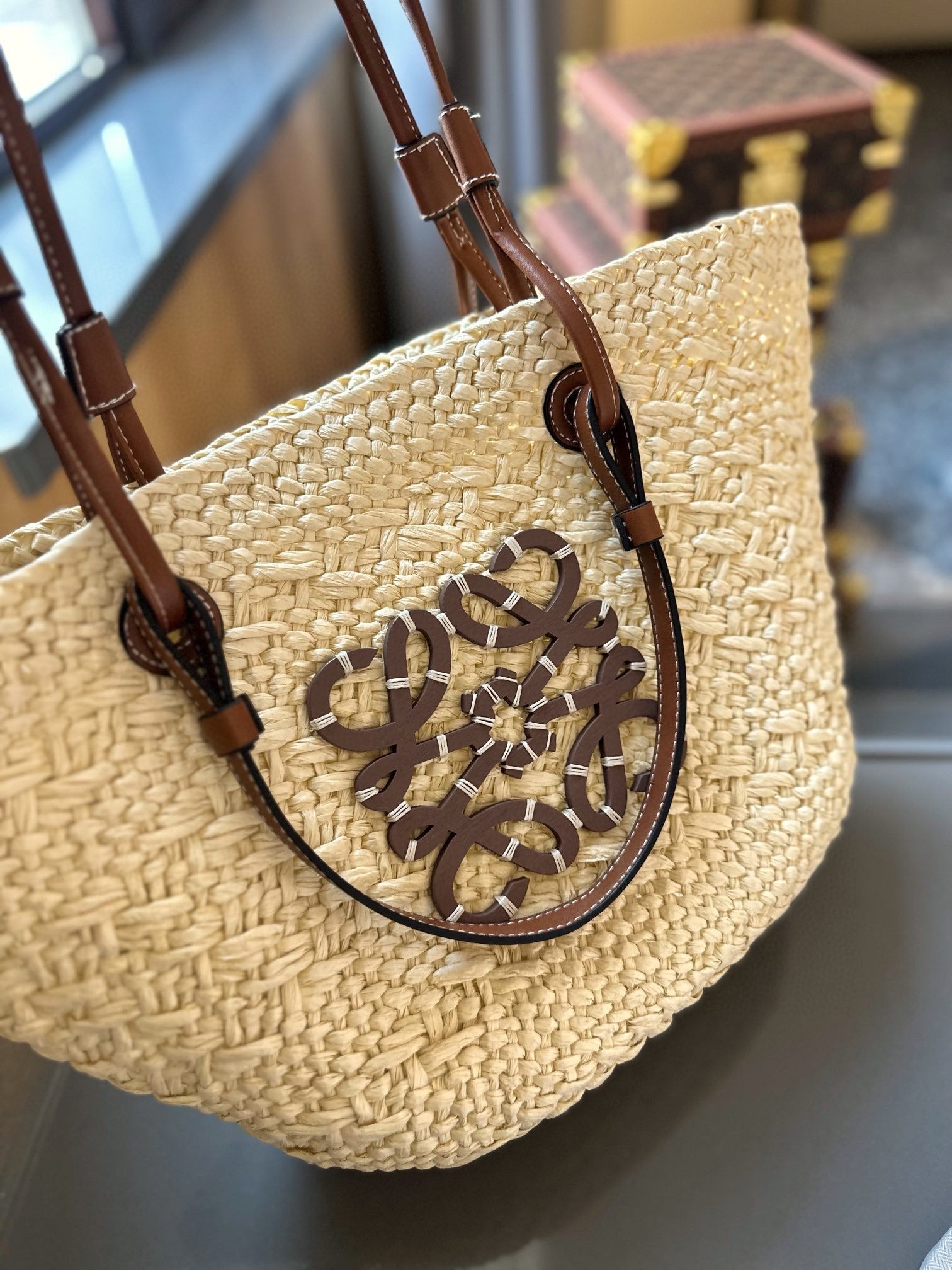 LOEWE LOE SMALL ANAGRAM BASKET 28 BAG IN NATURAL MIX BROWN IRACA PALM AND CALFSKIN