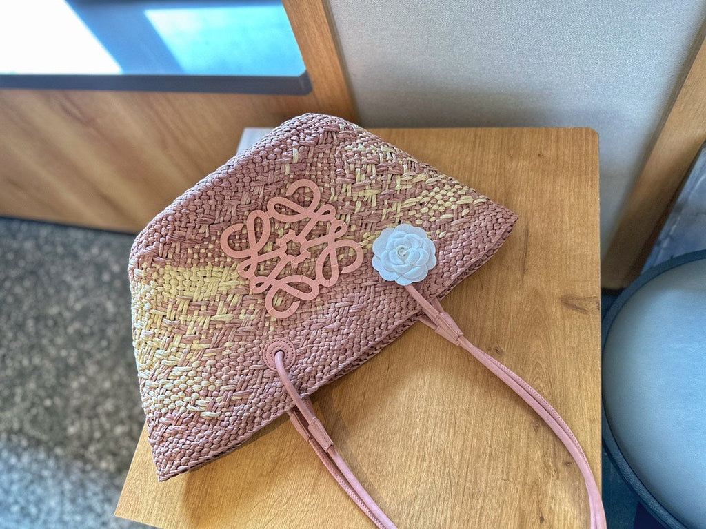 LOEWE LOE SMALL ANAGRAM BASKET 28 BAG IN TURKISH ROSE IRACA PALM AND CALFSKIN