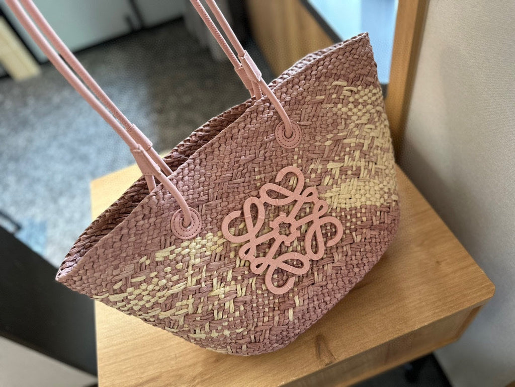 LOEWE LOE SMALL ANAGRAM BASKET 28 BAG IN TURKISH ROSE IRACA PALM AND CALFSKIN
