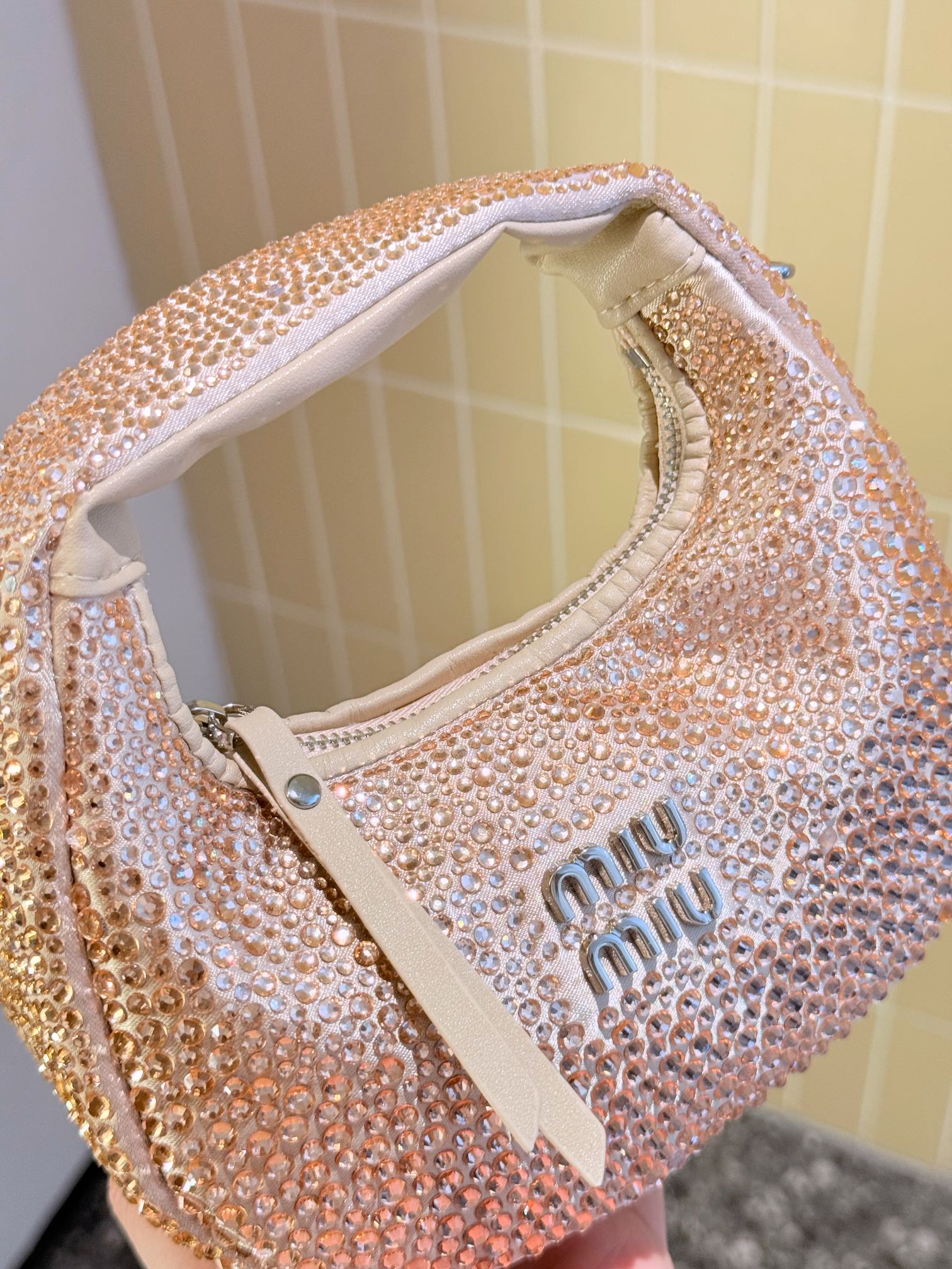 MIU MIU PARTY RHINESTONE BAG 17 IN LIGHT PINK FABRIC AND LEATHER TRIM