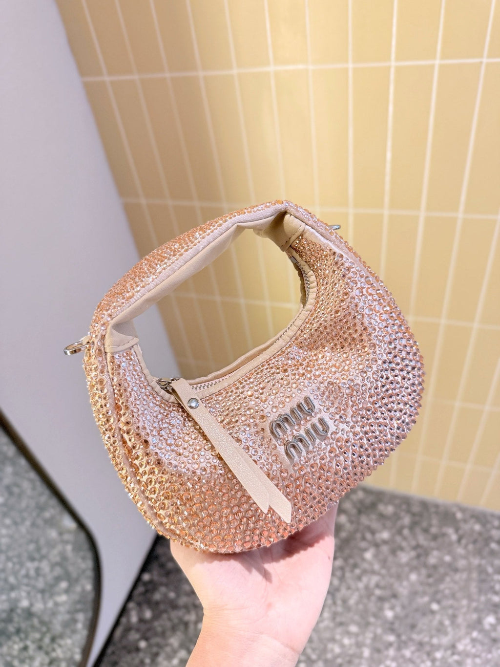 MIU MIU PARTY RHINESTONE BAG 17 IN LIGHT PINK FABRIC AND LEATHER TRIM