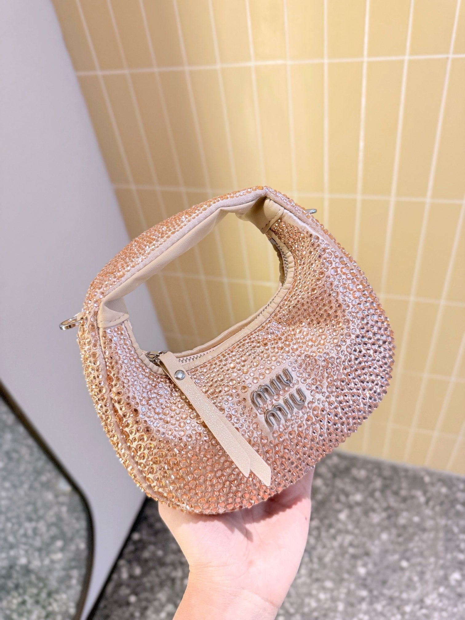 MIU MIU PARTY RHINESTONE BAG 17 IN LIGHT PINK FABRIC AND LEATHER TRIM