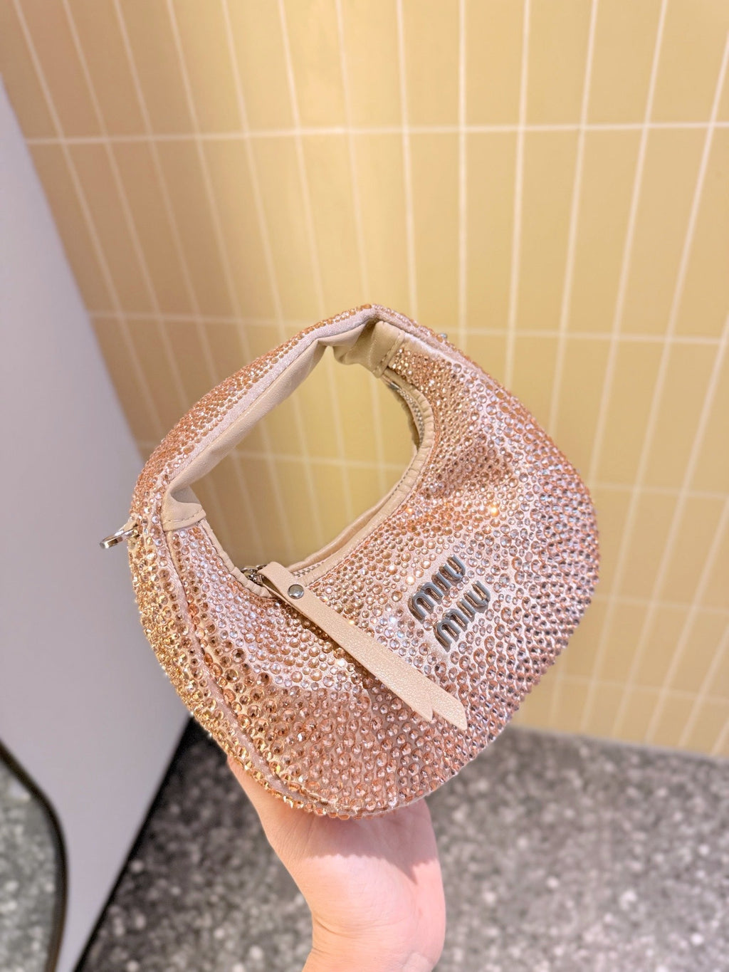 MIU MIU PARTY RHINESTONE BAG 17 IN LIGHT PINK FABRIC AND LEATHER TRIM