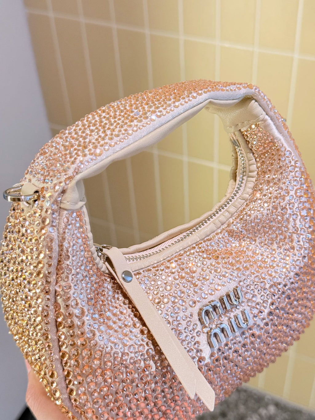 MIU MIU PARTY RHINESTONE BAG 17 IN LIGHT PINK FABRIC AND LEATHER TRIM