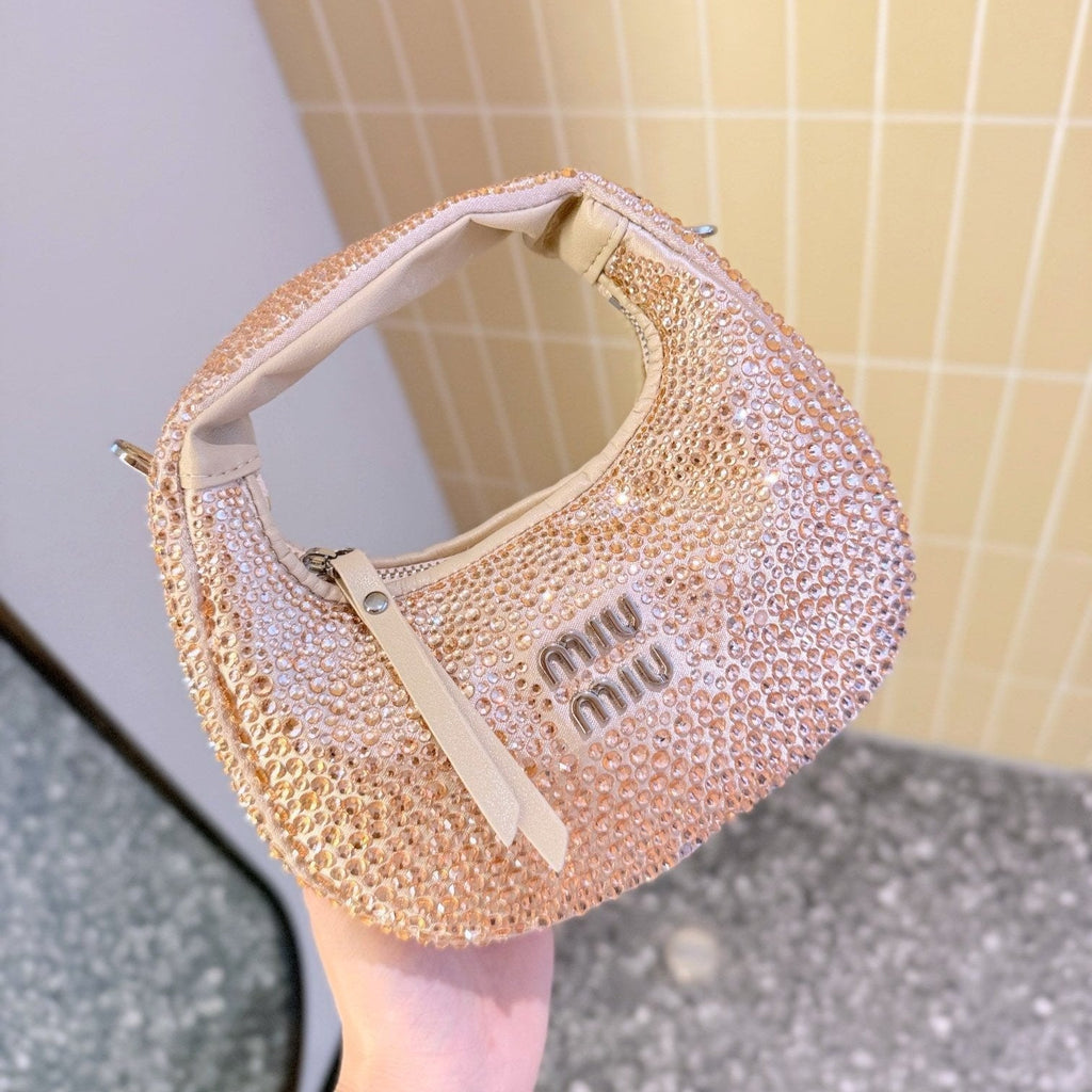 MIU MIU PARTY RHINESTONE BAG 17 IN LIGHT PINK FABRIC AND LEATHER TRIM