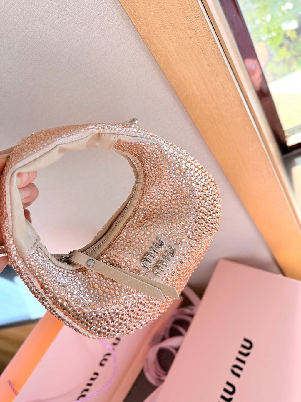 MIU MIU PARTY RHINESTONE BAG 17 IN LIGHT PINK FABRIC AND LEATHER TRIM