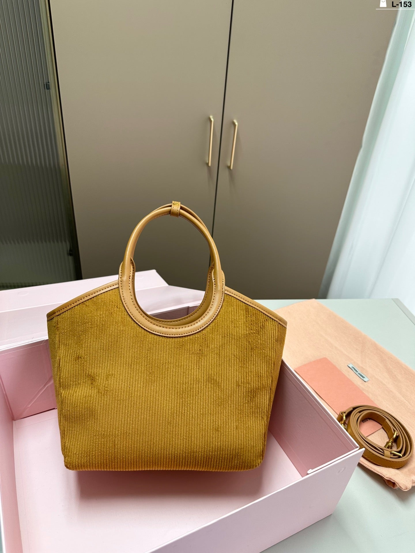 MIU MIU SMALL SHOPPING BAG 22 IN PEANUT BROWN CORDUROY