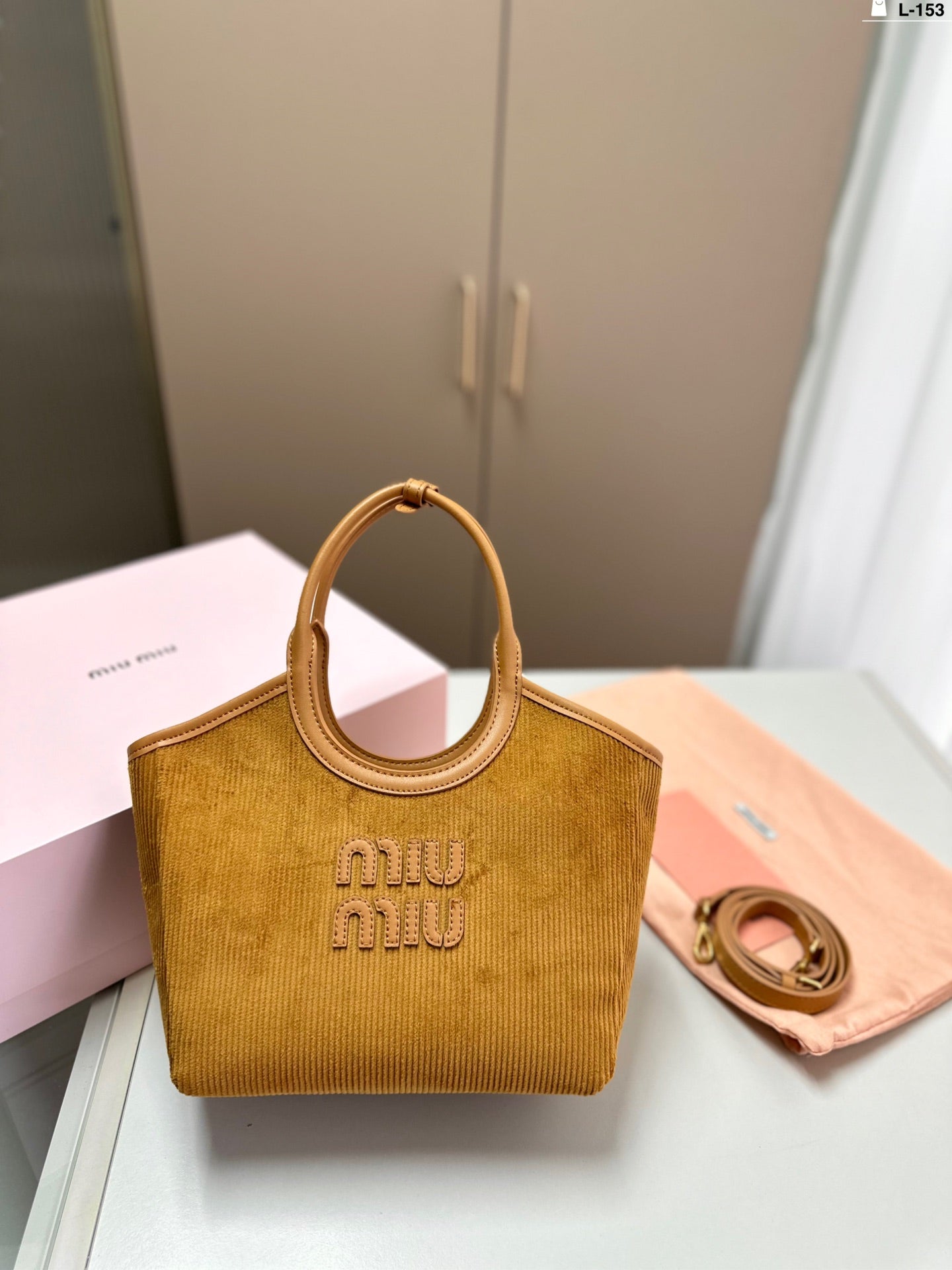 MIU MIU SMALL SHOPPING BAG 22 IN PEANUT BROWN CORDUROY