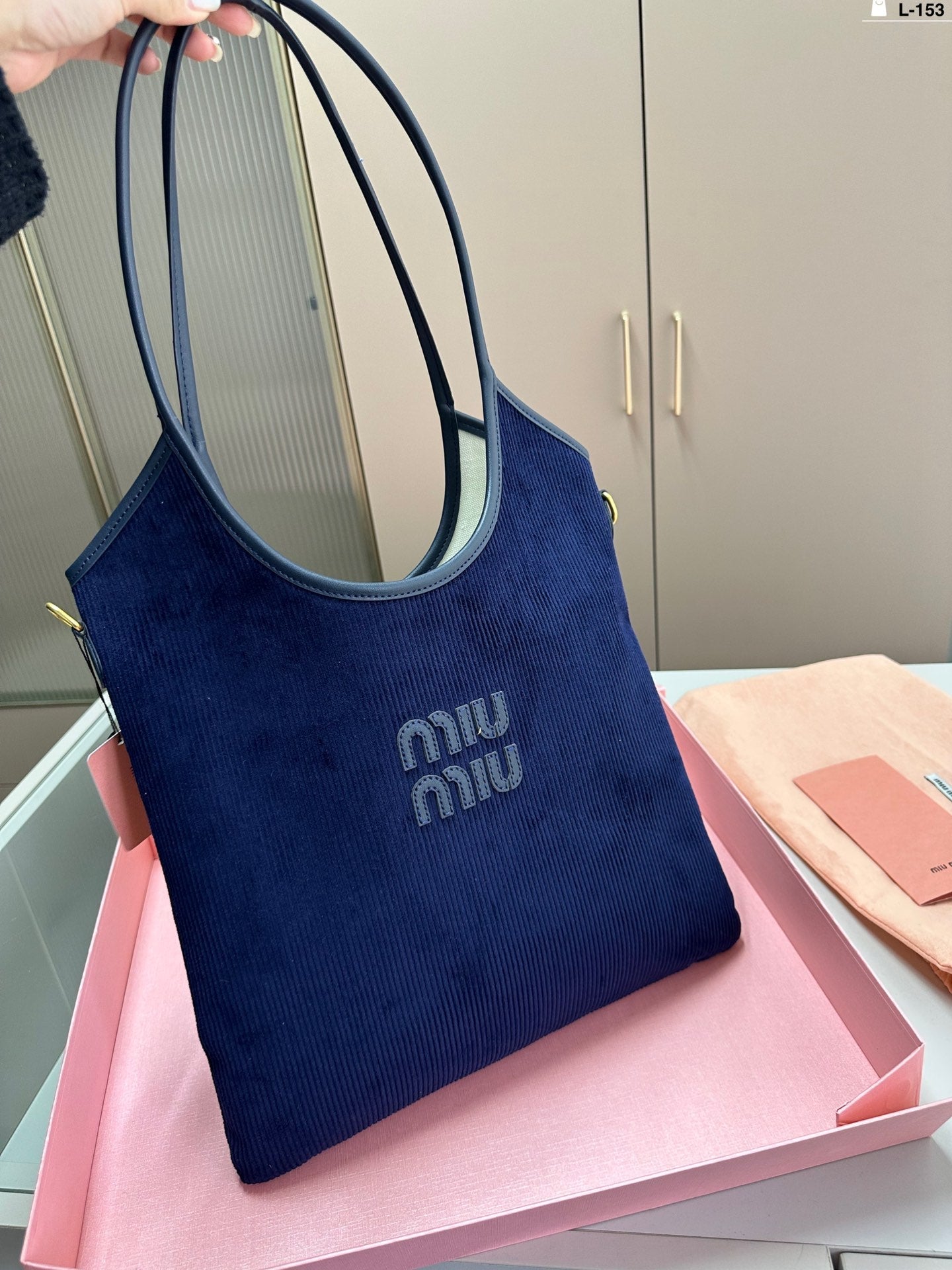MIU MIU IVY TOTE BAG 34 IN NAVY CORDUROY