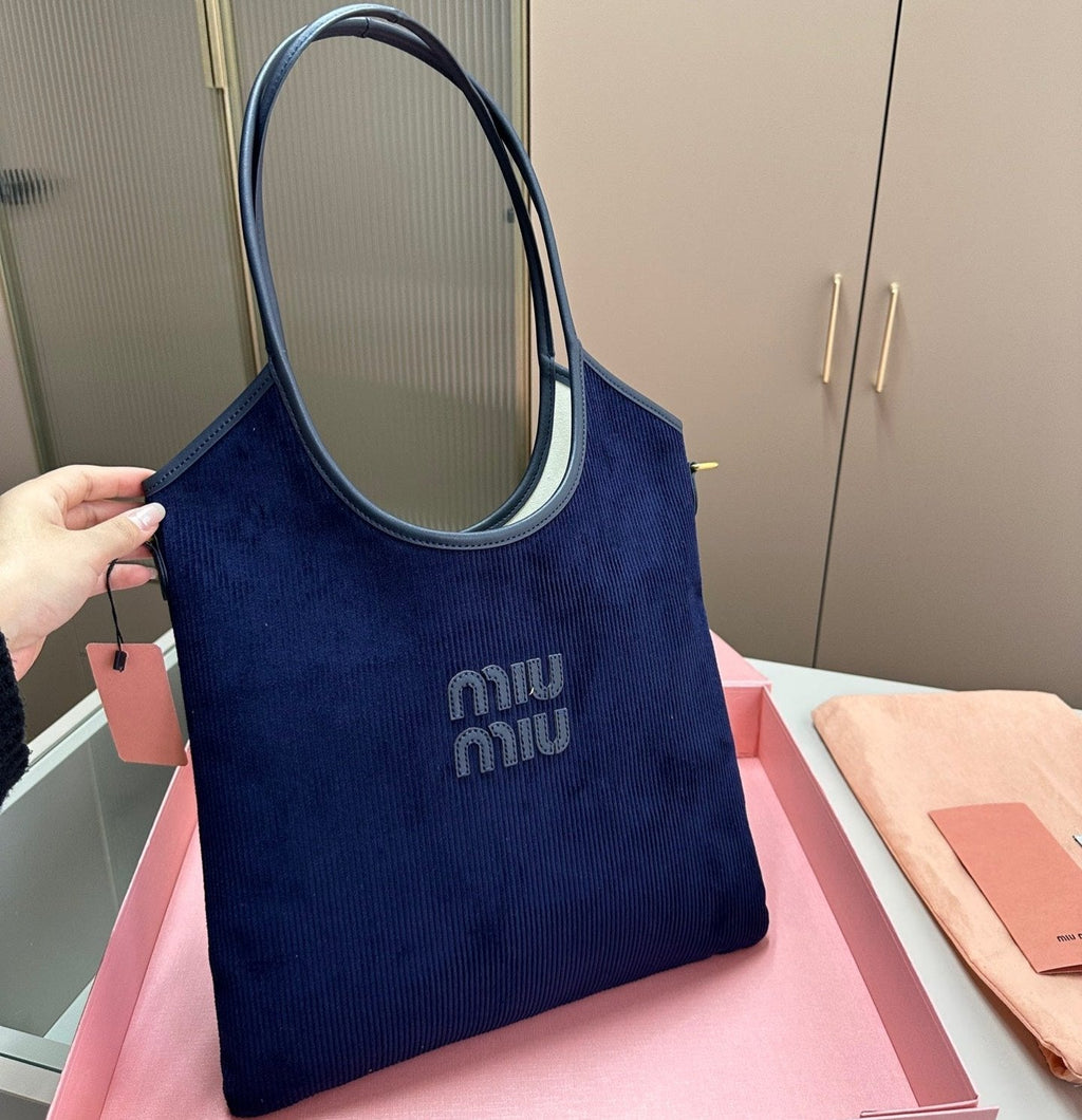 MIU MIU IVY TOTE BAG 34 IN NAVY CORDUROY