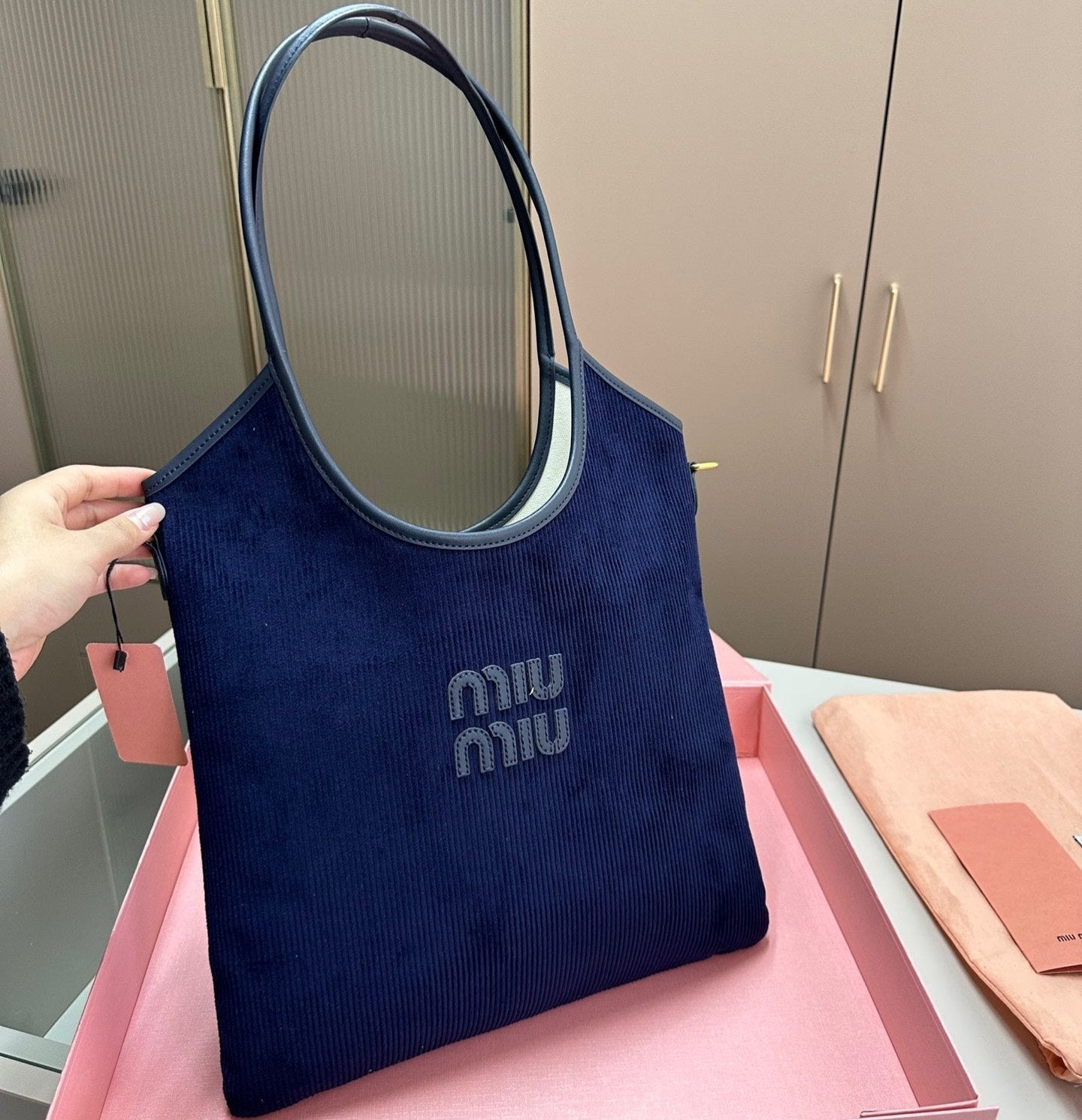 MIU MIU IVY TOTE BAG 34 IN NAVY CORDUROY