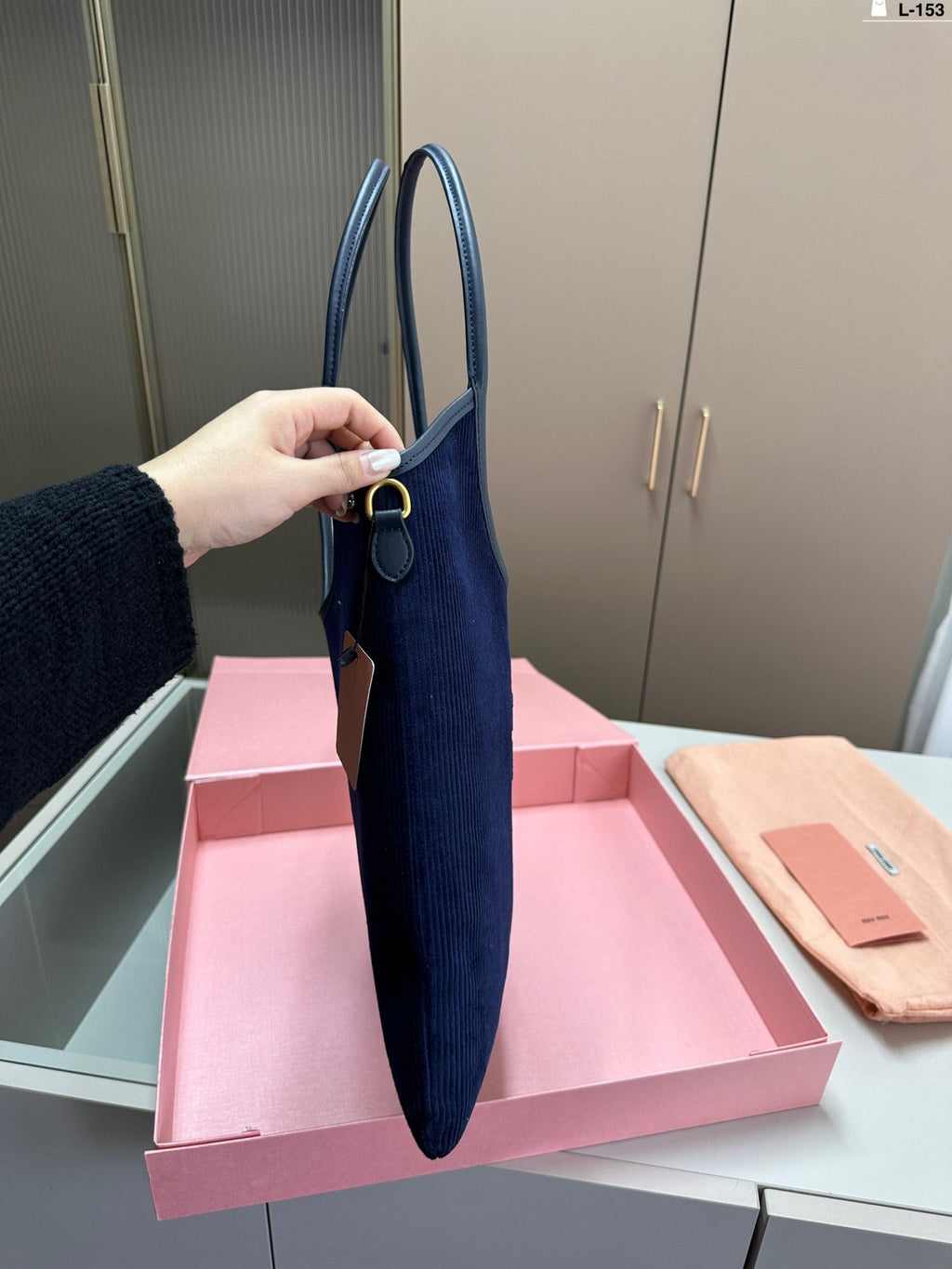 MIU MIU IVY TOTE BAG 34 IN NAVY CORDUROY