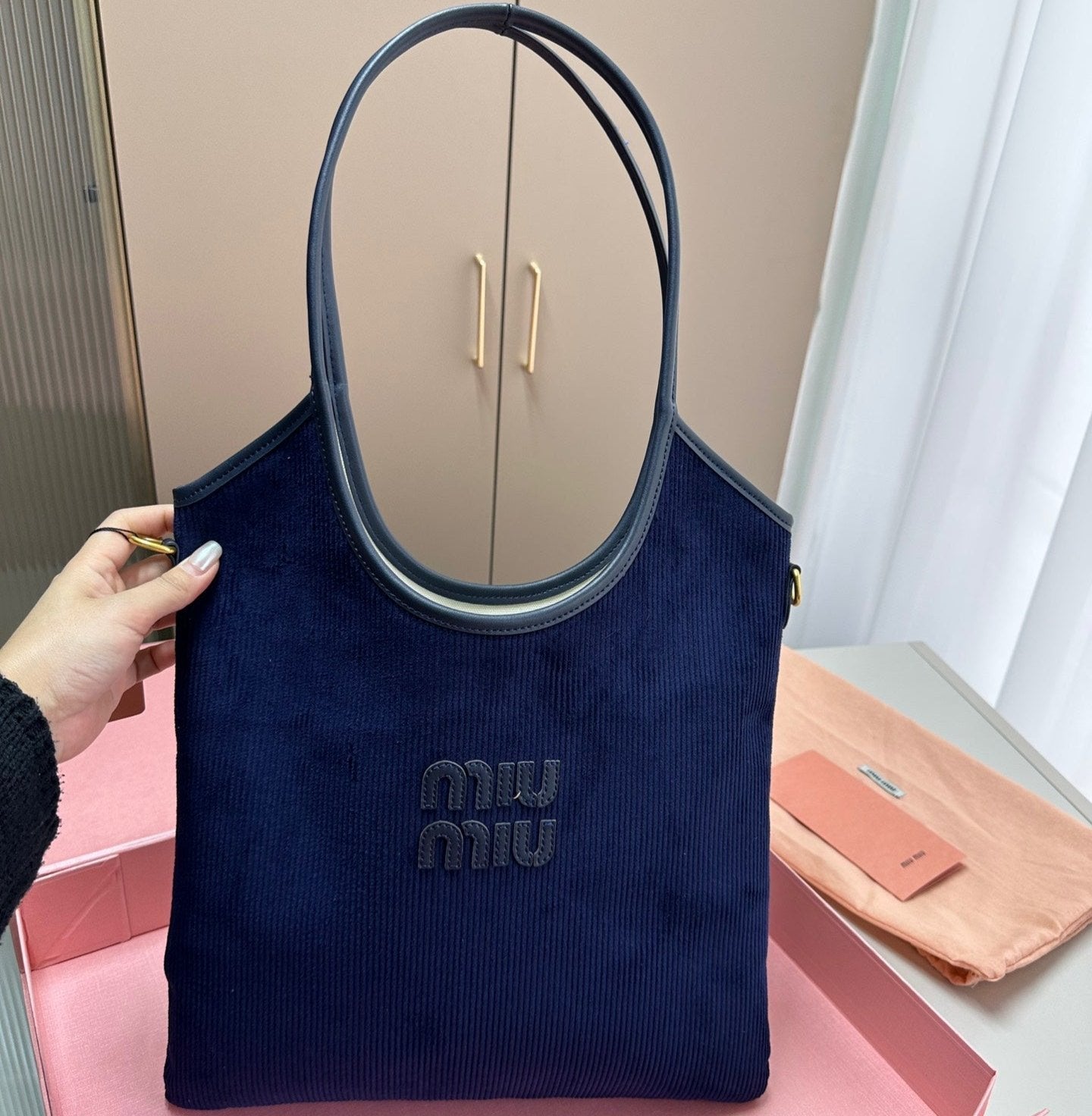 MIU MIU IVY TOTE BAG 34 IN NAVY CORDUROY