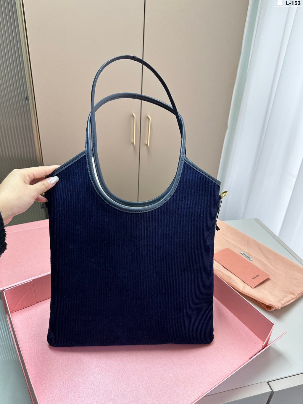 MIU MIU IVY TOTE BAG 34 IN NAVY CORDUROY