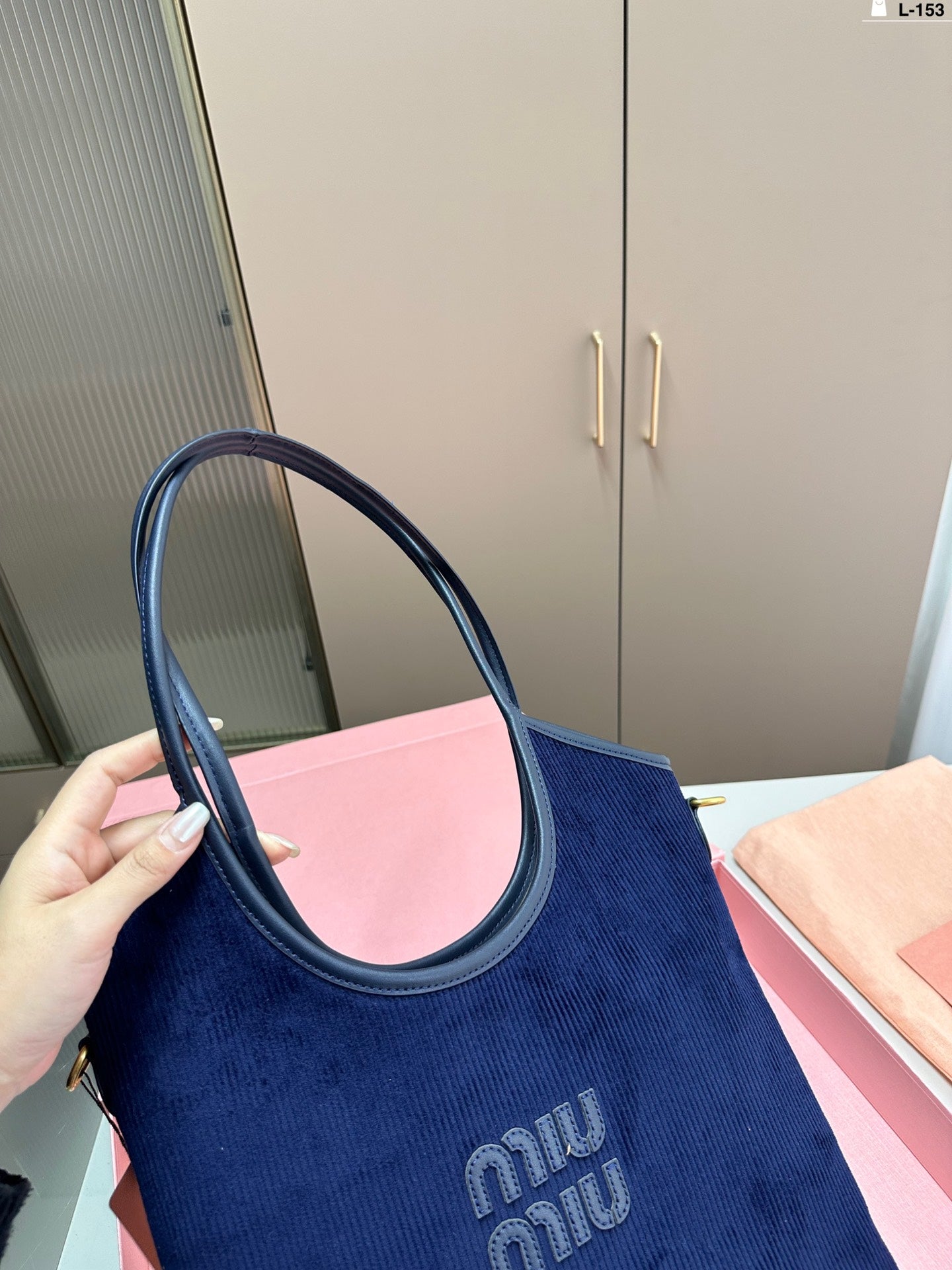 MIU MIU IVY TOTE BAG 34 IN NAVY CORDUROY