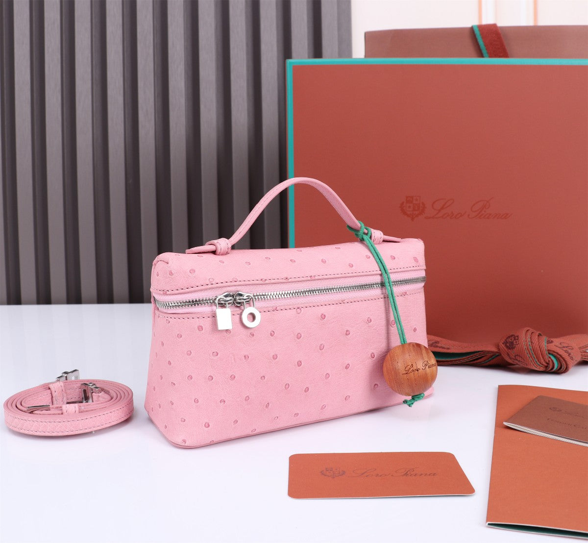 LORO PIANA EXTRA POCKET L19 IN BABY PINK OSTRICH LEATHER