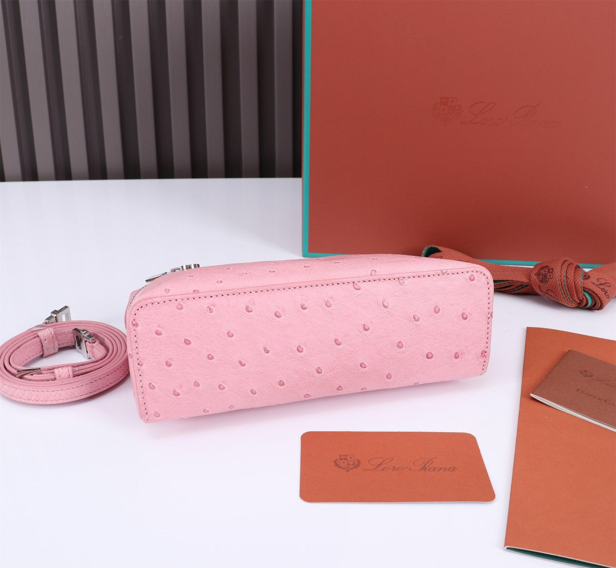 LORO PIANA EXTRA POCKET L19 IN BABY PINK OSTRICH LEATHER