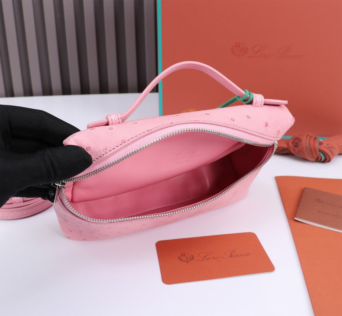 LORO PIANA EXTRA POCKET L19 IN BABY PINK OSTRICH LEATHER