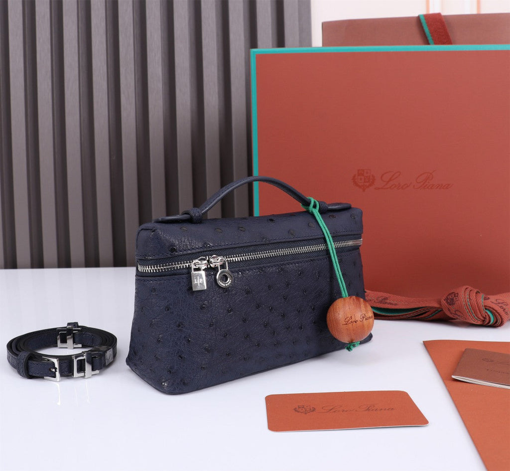 LORO PIANA EXTRA POCKET L19 IN SPACE BLUE OSTRICH LEATHER