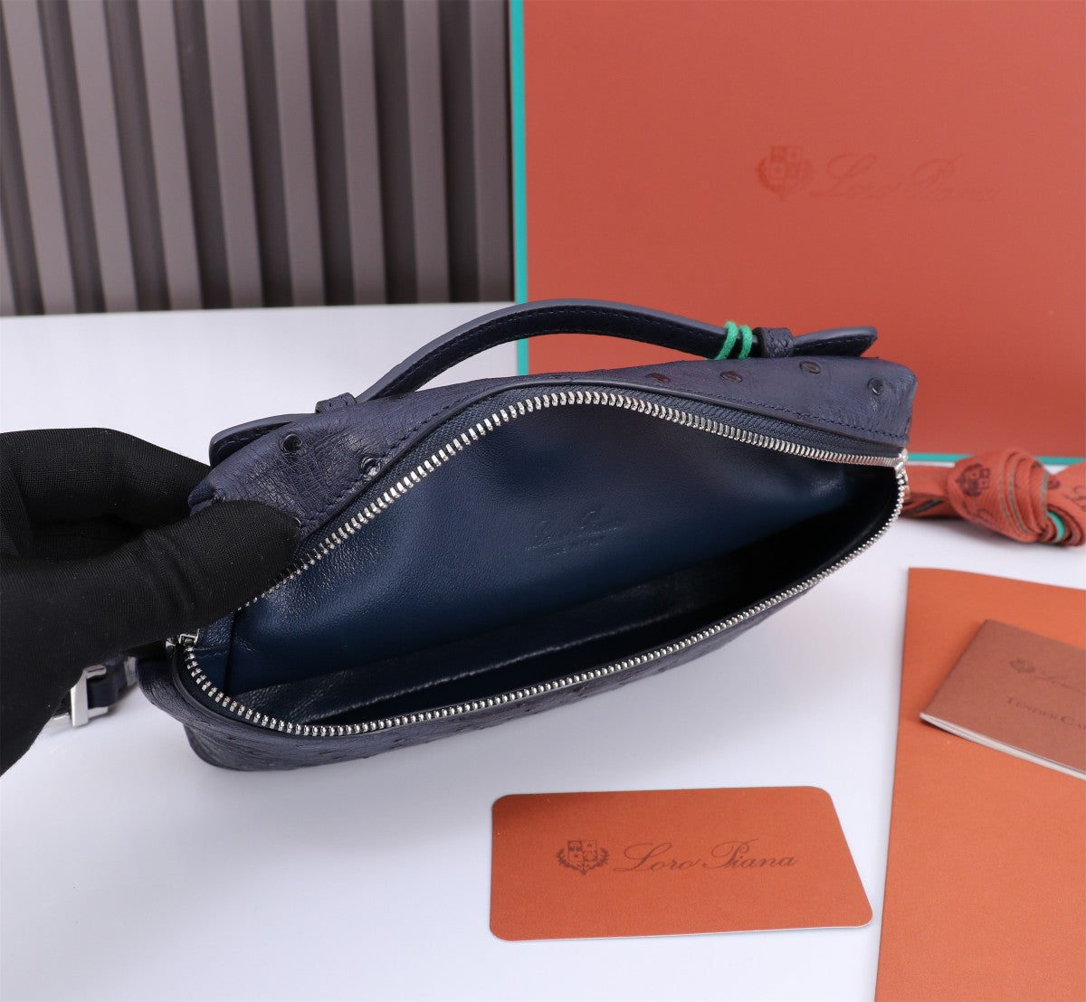 LORO PIANA EXTRA POCKET L19 IN SPACE BLUE OSTRICH LEATHER