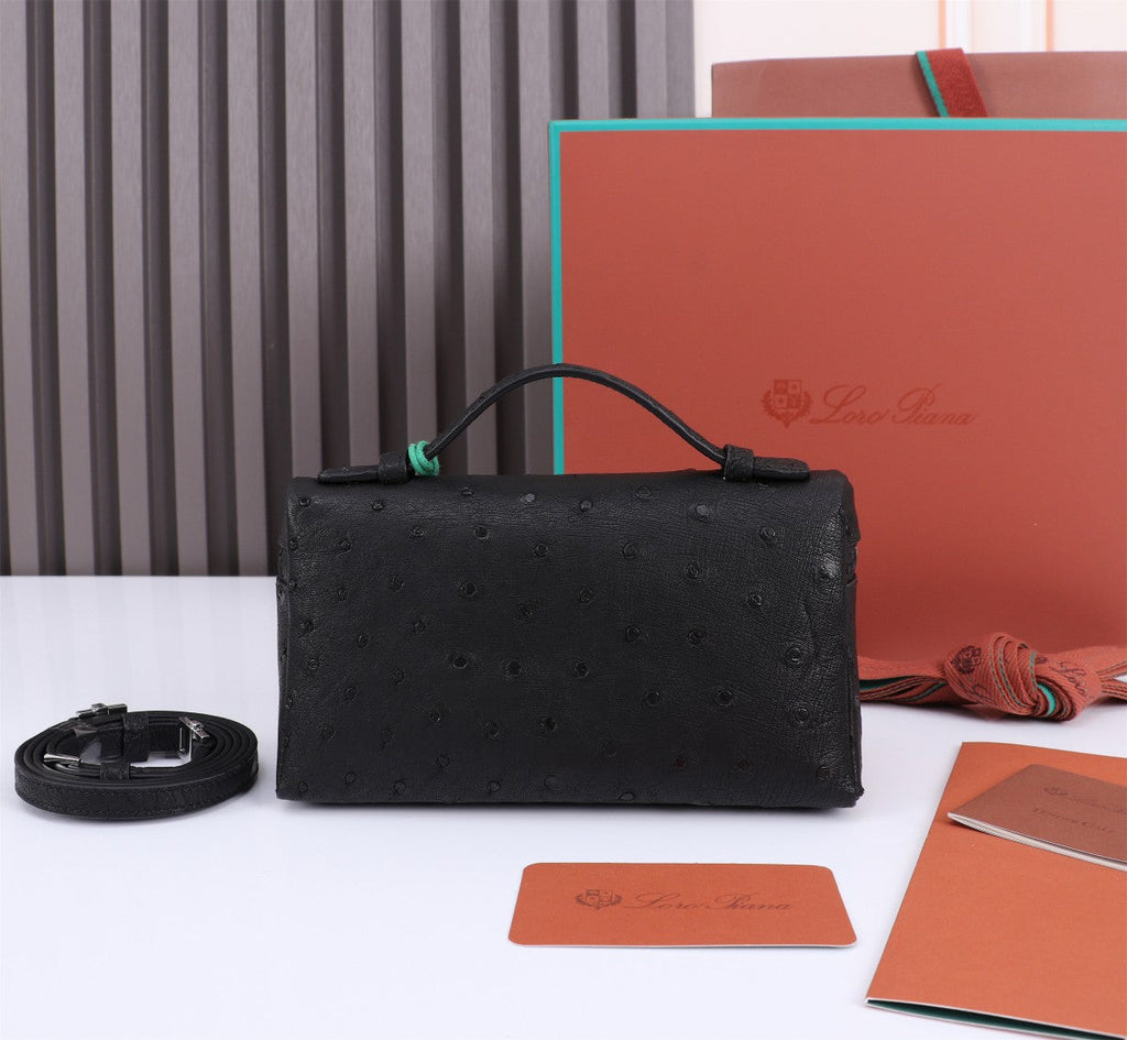 LORO PIANA EXTRA POCKET L19 IN BLACK OSTRICH LEATHER