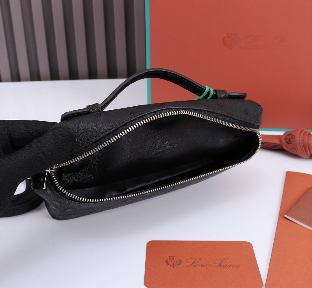 LORO PIANA EXTRA POCKET L19 IN BLACK OSTRICH LEATHER