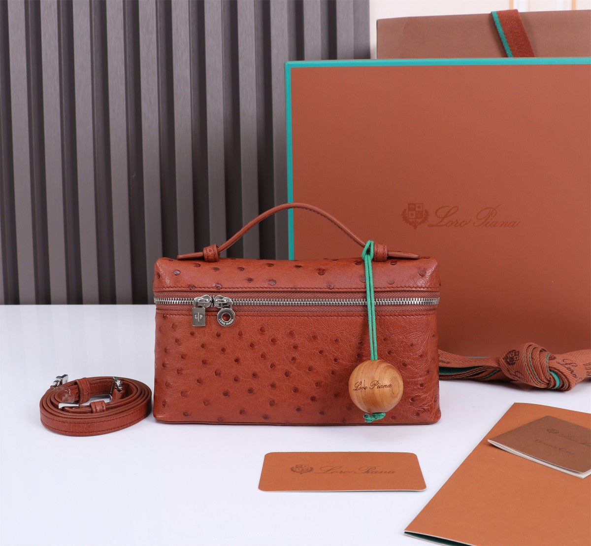 LORO PIANA EXTRA POCKET L19 IN RED BROWN OSTRICH LEATHER