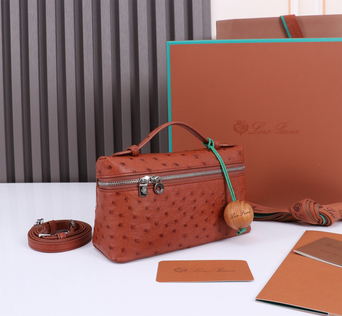LORO PIANA EXTRA POCKET L19 IN RED BROWN OSTRICH LEATHER