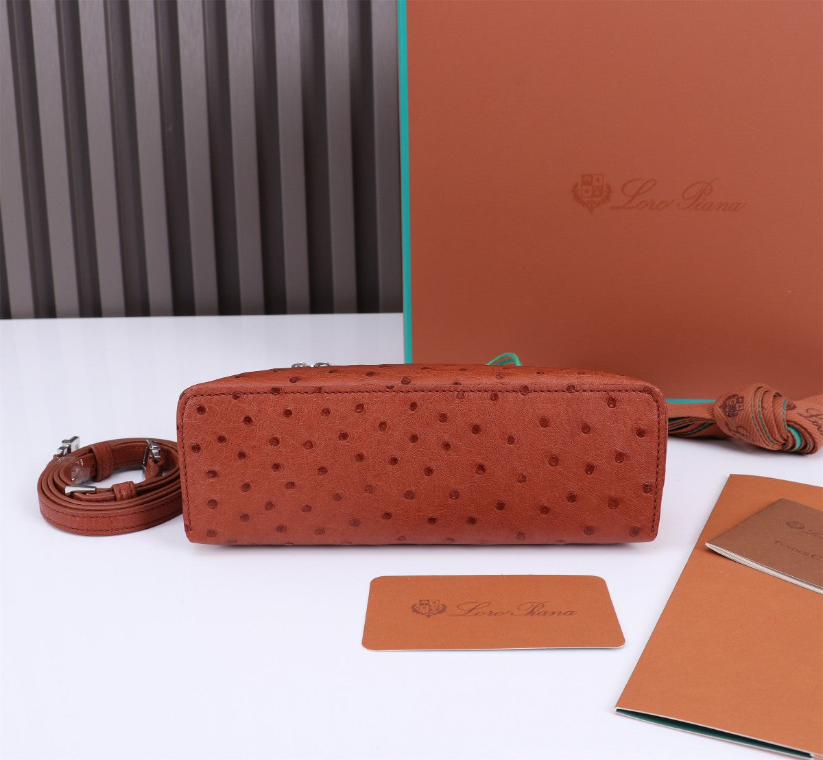 LORO PIANA EXTRA POCKET L19 IN RED BROWN OSTRICH LEATHER