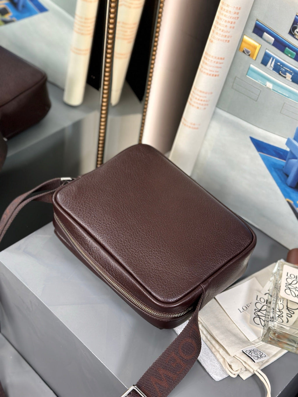 LOEWE MEDIUM 23 PEBBLE MESSENGER BAG IN HICKORY BROWN SUPPLE GRAINED CALFSKIN