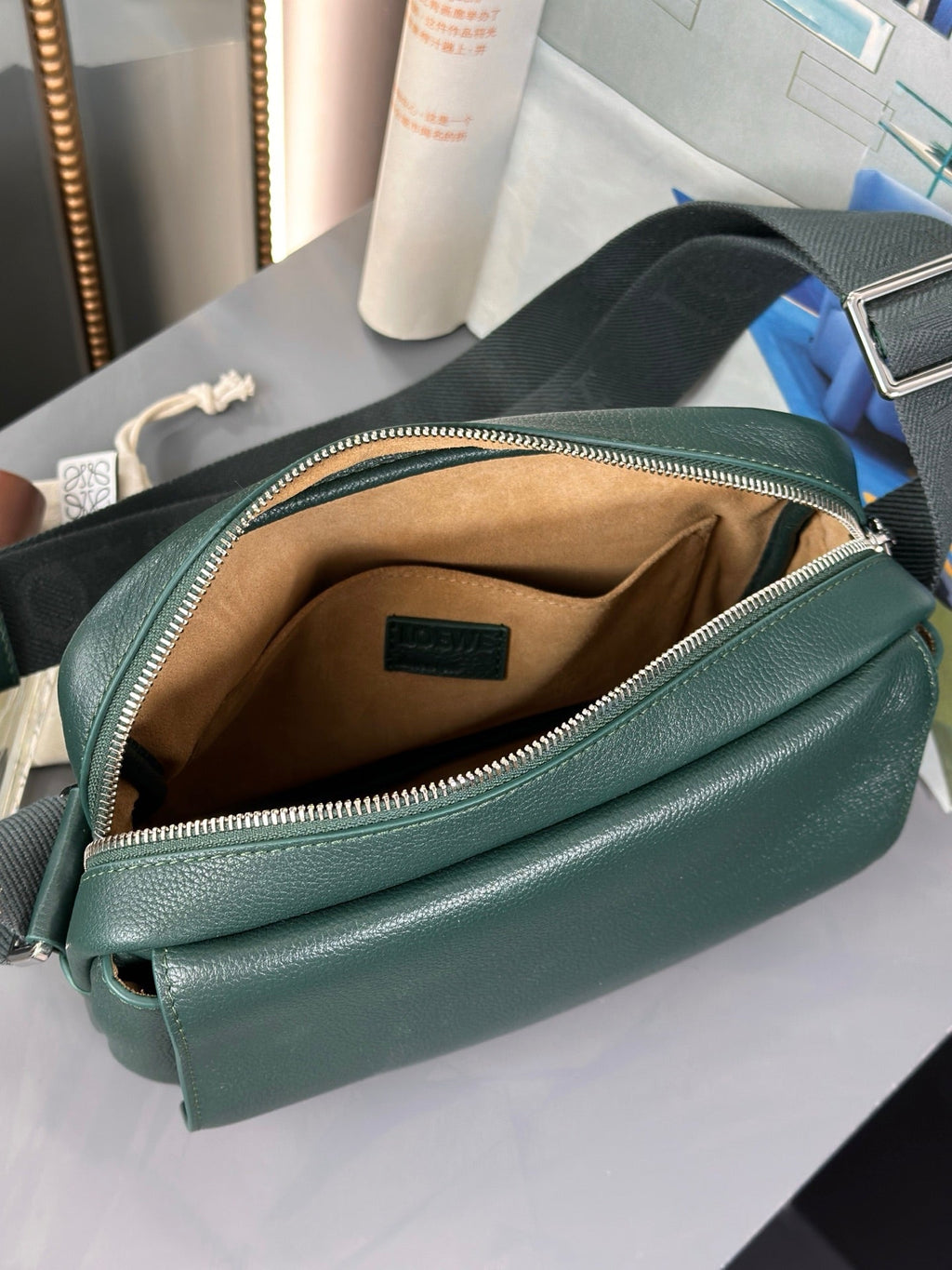LOEWE MEDIUM 23 PEBBLE MESSENGER BAG IN FOREST GREEN SUPPLE GRAINED CALFSKIN