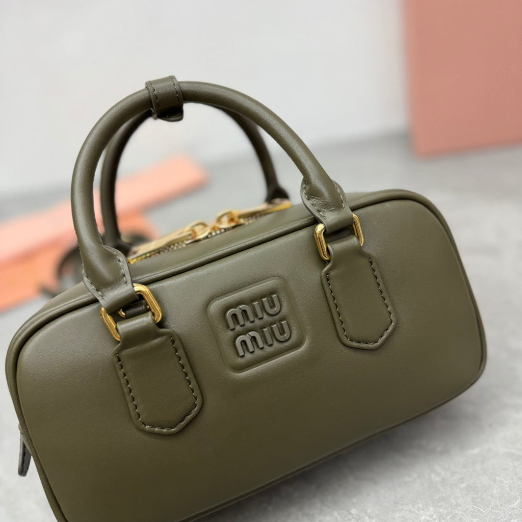 MIU MIU ARCADIE BAG 22 IN KELP GREEEN SMOOTH CALFSKIN EMBOSSED LOGO