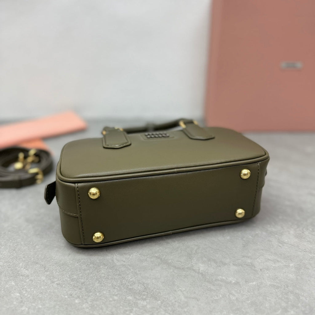 MIU MIU ARCADIE BAG 22 IN KELP GREEEN SMOOTH CALFSKIN EMBOSSED LOGO