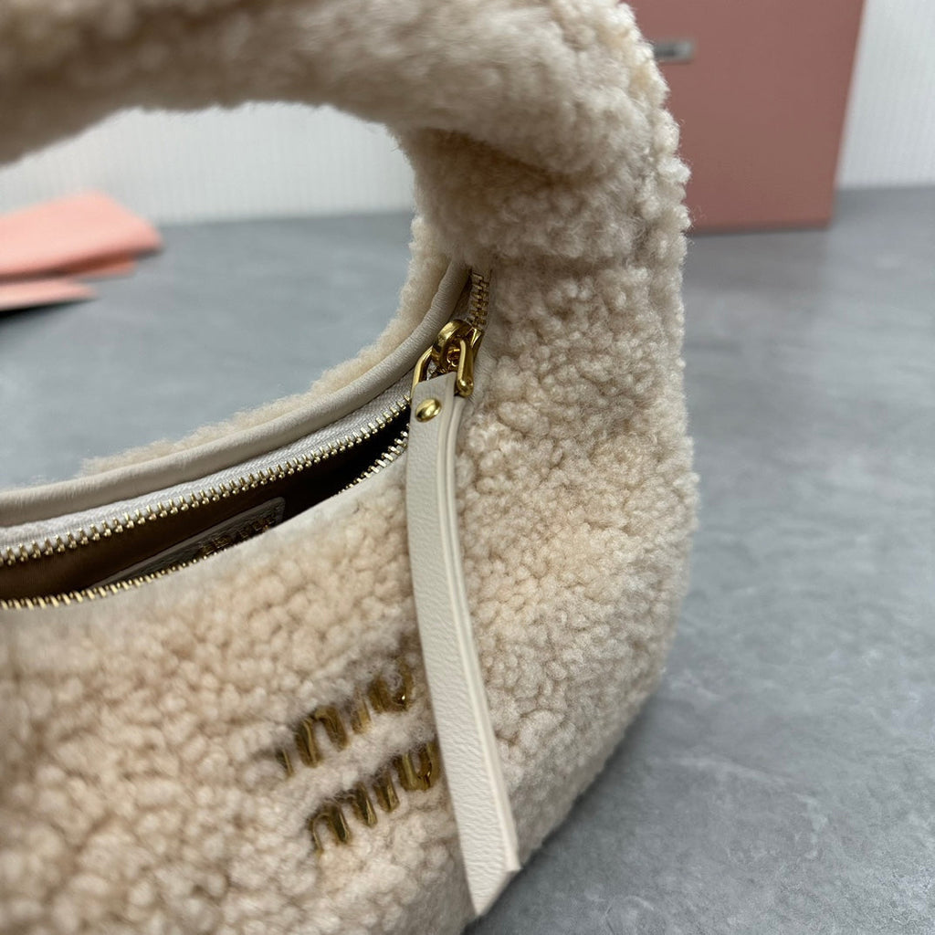 MIU MIU WANDER HOBO BAG 18 IN BEIGE SHEARLING
