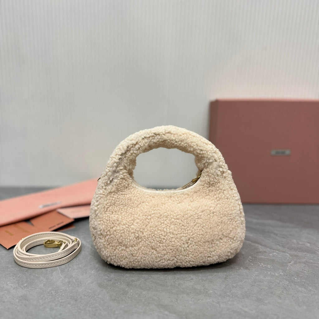 MIU MIU WANDER HOBO BAG 18 IN BEIGE SHEARLING