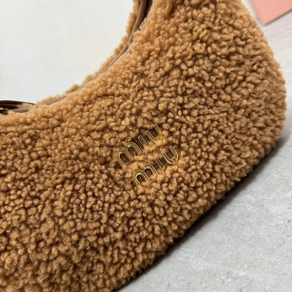 MIU MIU WANDER SMALL HOBO BAG 20 IN BROWN SHEARLING
