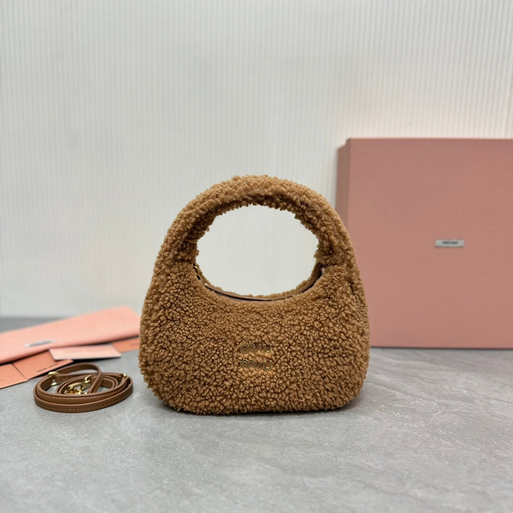 MIU MIU WANDER SMALL HOBO BAG 20 IN BROWN SHEARLING