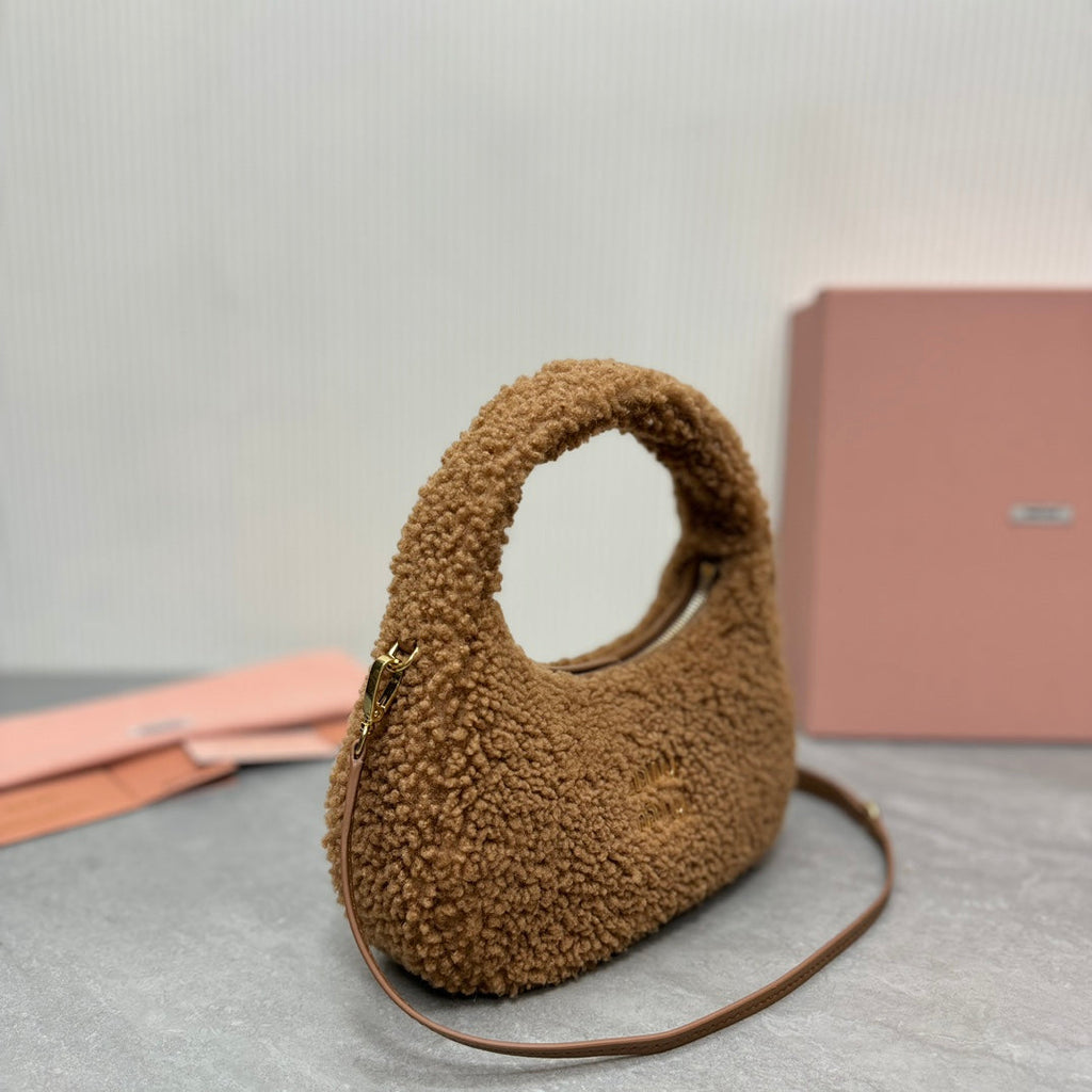 MIU MIU WANDER SMALL HOBO BAG 20 IN BROWN SHEARLING