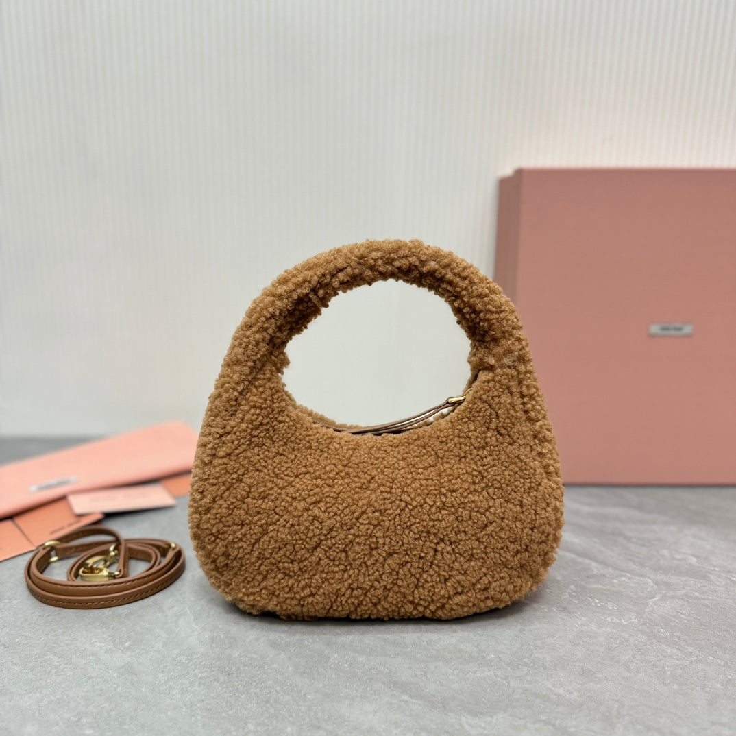 MIU MIU WANDER SMALL HOBO BAG 20 IN BROWN SHEARLING