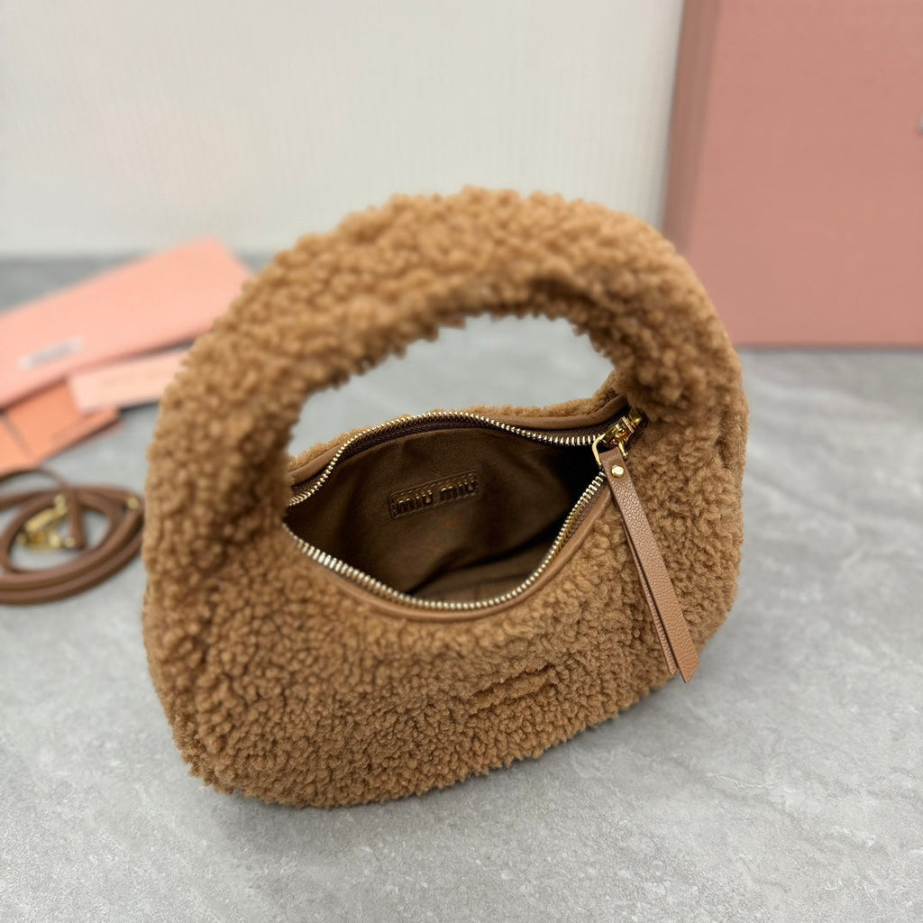 MIU MIU WANDER SMALL HOBO BAG 20 IN BROWN SHEARLING