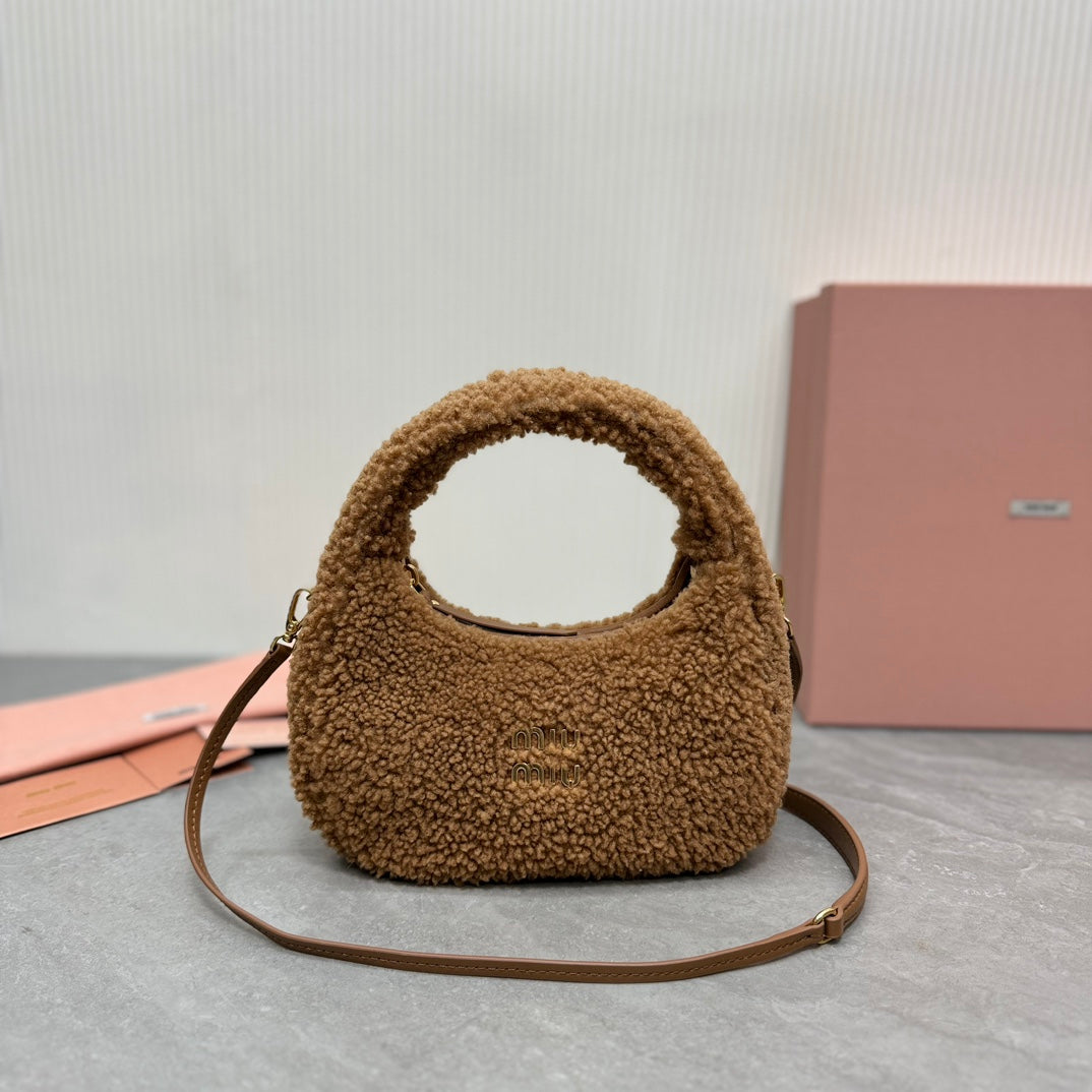 MIU MIU WANDER SMALL HOBO BAG 20 IN BROWN SHEARLING