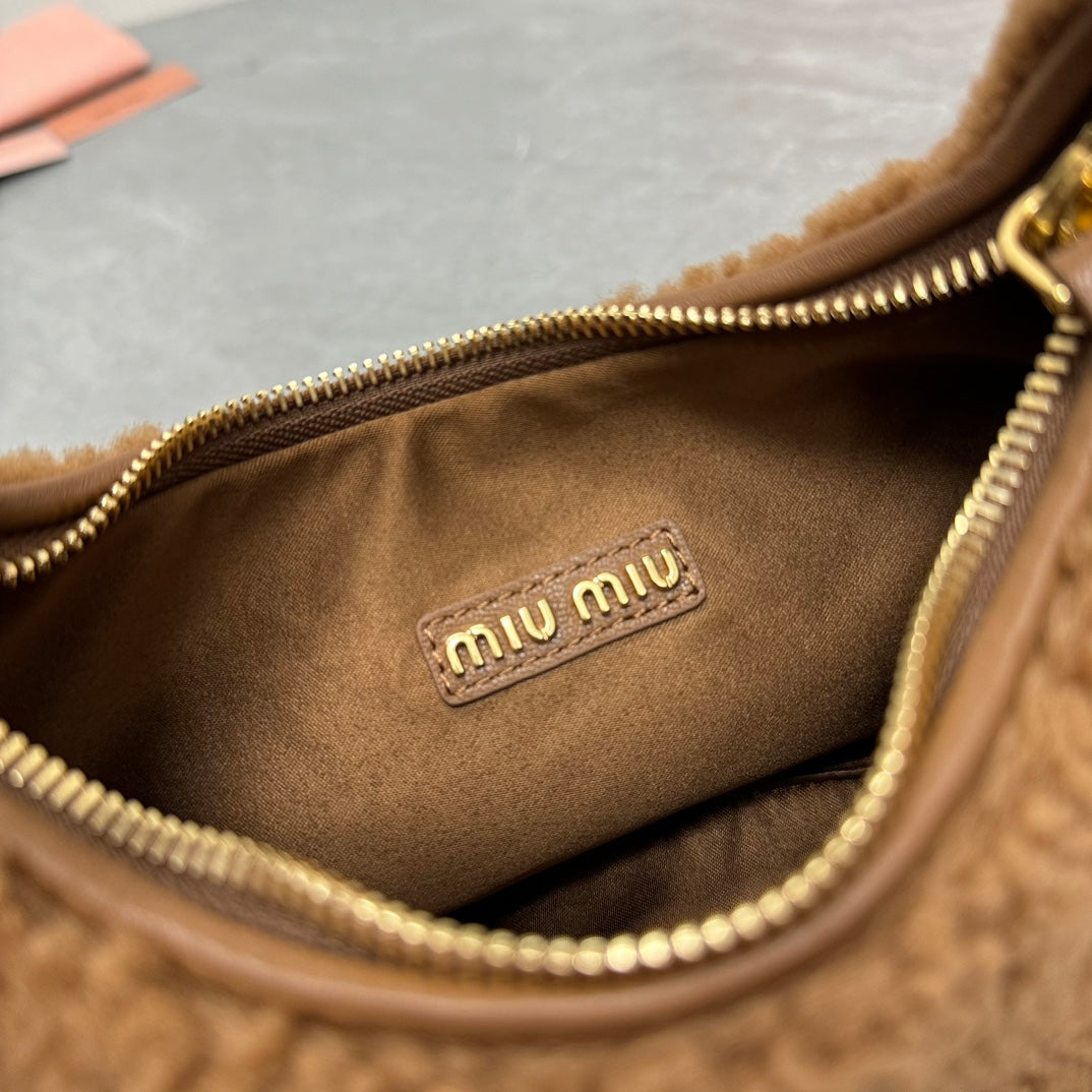 MIU MIU WANDER SMALL HOBO BAG 20 IN BROWN SHEARLING
