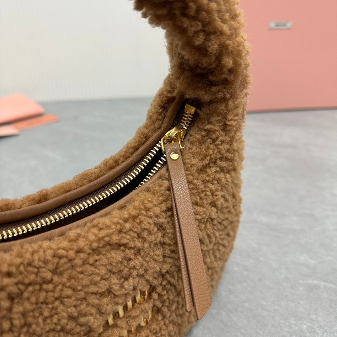 MIU MIU WANDER SMALL HOBO BAG 20 IN BROWN SHEARLING